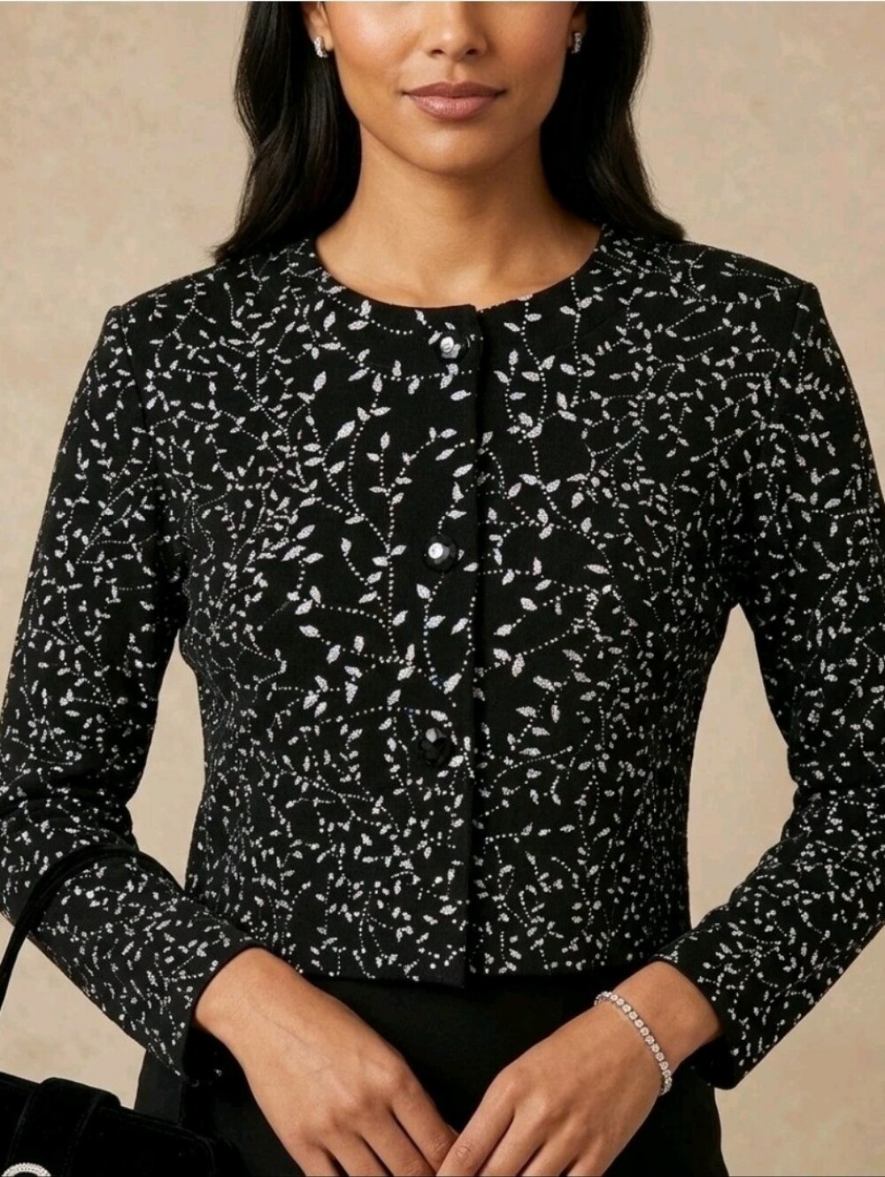 VTG Ronni Nicole Black Glitter Vine Rhinestone Button Jacket Sz 12 Evening Glam